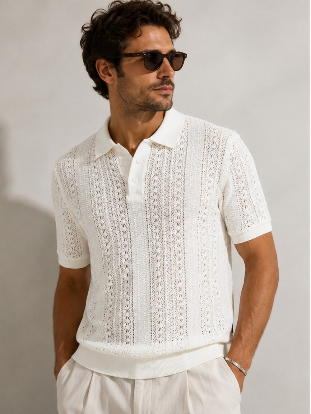 Barabas White Crochet Knit Polo Shirt Men’s L